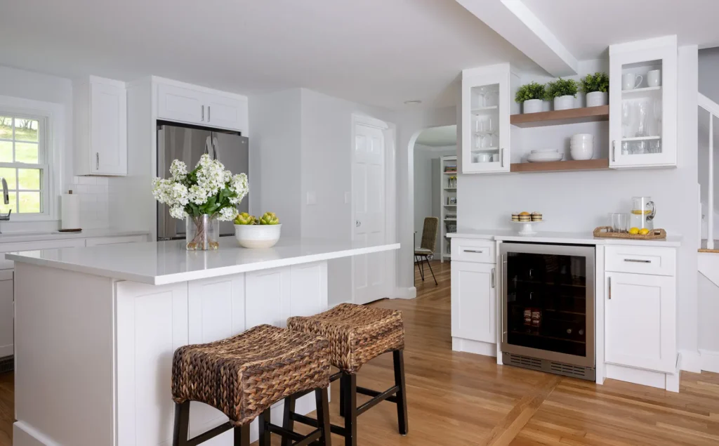 Custom dry bar beverage fridge and floating shelves