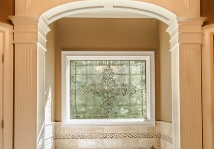 Custom Bath Trim around soaking tub nook with custom stain glass  Hanover Ma