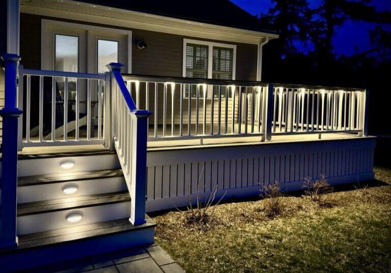 Timbertech and Azek Deck with Gate, Drink Rail, and Lighting. Plymouth Ma, Almar Building
