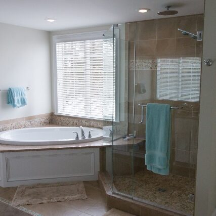 Master Bath suite with soaking tub and angles walk in shower. 