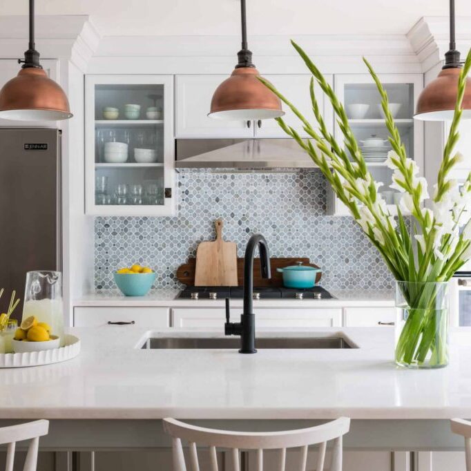 White and blue kitchen remodel Milton Ma, Almar Building & Remodeling